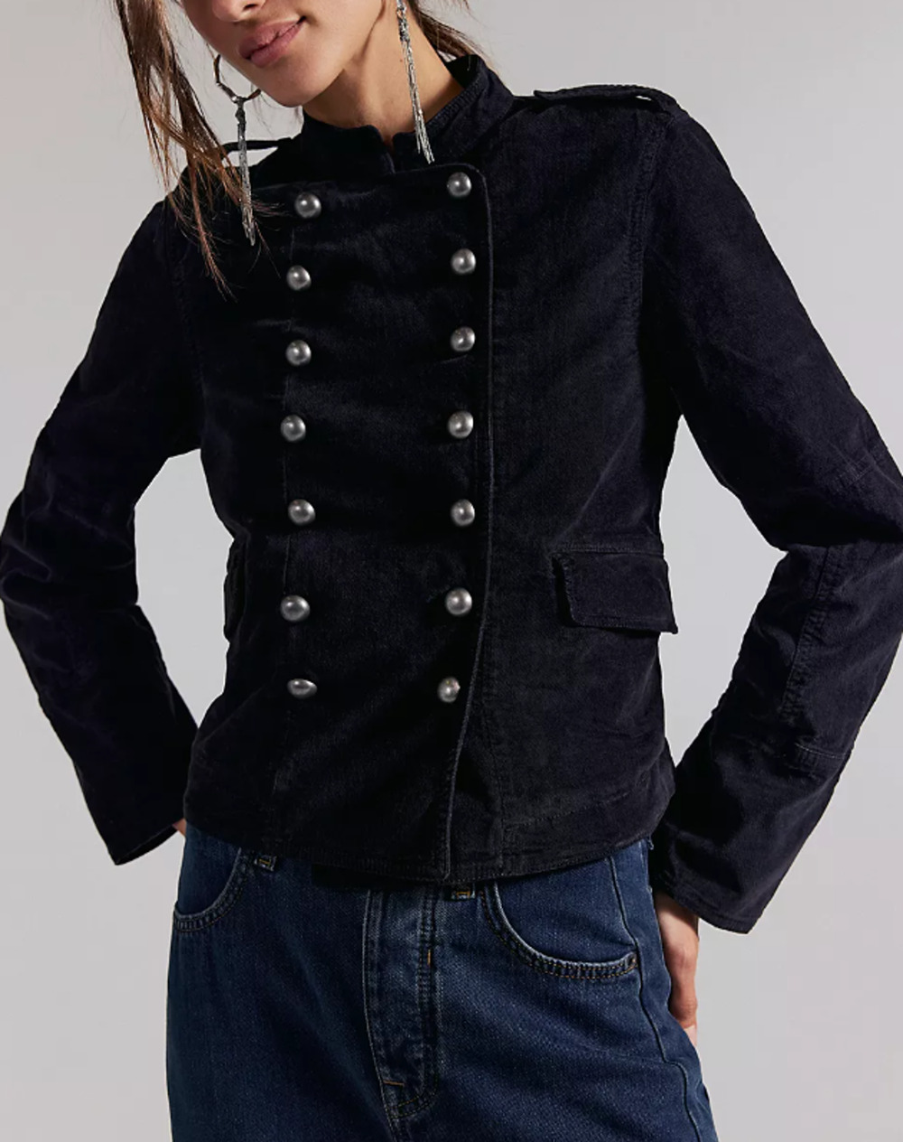 Free People Lotty Black Velvet Military Blazer XL